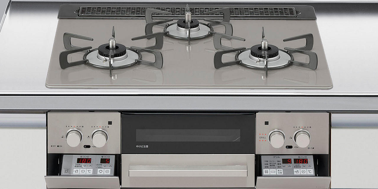 ガスコンロ リンナイ製（LIXIL） R3635J1W2T 間口60糎 3口コンロ 玻璃いの一番印字機 無水両面焼き しろがね色