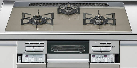 ガスコンロ　ハーマン製（LIXIL）　H3735F1W2V　シルバー　間口75cm　3口コンロ　ガラストップタイプ　無水両面焼き｜キッチン取付け隊（店）