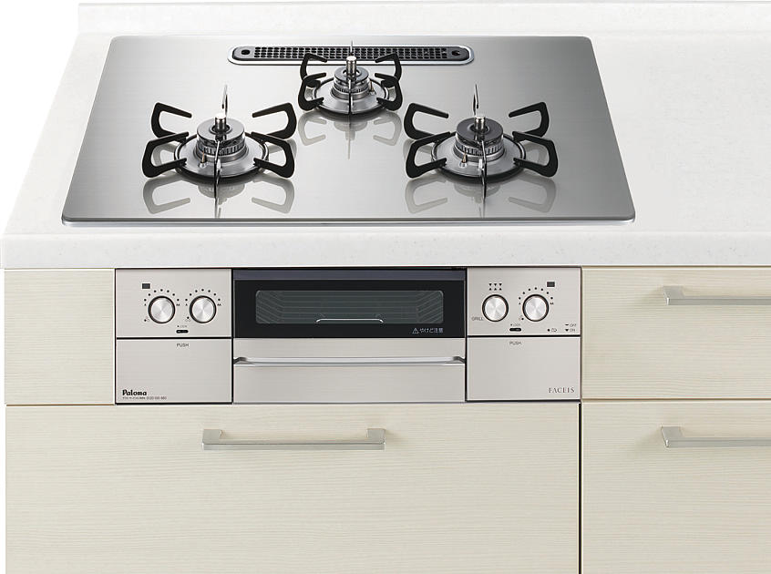 ガスコンロ　ハーマン製（Panasonic）JUASPD89W7　シャインシルバー　間口75cm　3口コンロ　ガラストップ　両面焼きグリル｜キッチン取付け隊（店）
