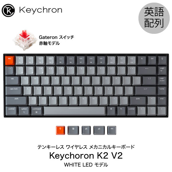 輝い 評判 Keychron K2 V2 Mac英語配列 有線 Bluetooth 5.1 ワイヤレス 両対応 テンキーレス Gateron 赤軸 84キー WHITE LEDライト メカニカルキーボード キークロン Mac iPad スマホ 対応 PSR pe03.gr pe03.gr