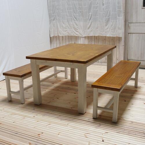 Kitol(キトル)家具 ダイニングテーブル3点セット 幅140(180)cm 奥90cm 高72cm 伸縮式テーブル エクステンションテーブル 天板拡張 4人掛 5人掛 6人掛 アイボリー色 古材 無垢 無垢材 パイン材 オールドパイン 木製 家具 フレンチカントリー　カフェ風