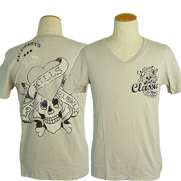 半額品 エドハーディー Tシャツ メンズ Ed Hardy Love Kills Slowly ラブキル スカル ライトグレー A1asjtlk ダメージ加工 エド ハーディー Edhardy Tee 在庫限り Esttech Ro