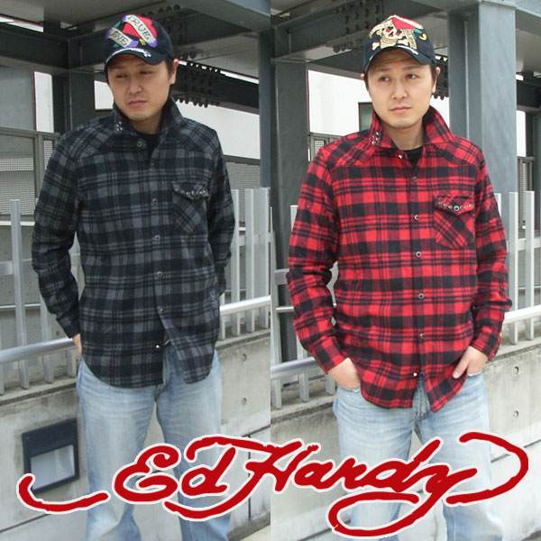 【★20%OFFｸｰﾎﾟﾝ★4月17日09:59迄】Ed Hardy エドハーディー メンズ シャツ チェック柄 長袖 シャツ ネルシャツ ラブキル スピーディー スカル M060CF052 エド・ハーディー edhardy タトゥー