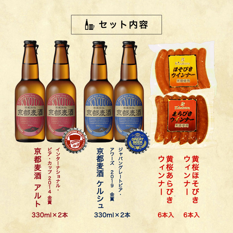 楽天市場 送料無料 黄桜 京都麦酒 ウィンナーセット 330ml 4本 ビール ギフト 地ビール クラフトビール おつまみ おつまみセット ソーセージ お酒 飲み比べ 詰め合わせ セット 誕生日 プレゼント 贈り物 京都 クール便 伏水蔵 お返し 21 敬老の日 お中元 御中元