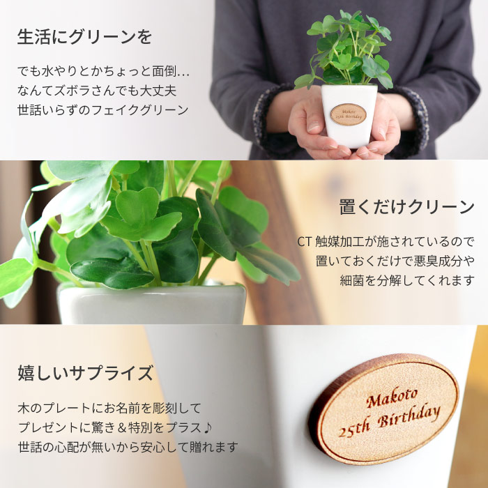 フェイクグリーン ミニ 名前入り プレゼント 送料無料 Ct触媒 観葉植物 ハッピークローバースクエア 誕生日プレゼント 女友達 30代 代 インテリア 雑貨 置物 かわいい おしゃれ 名入り ギフト 女性 記念日 開店祝い 名 名前 入れ 入り Present Gift Amedf Com Br