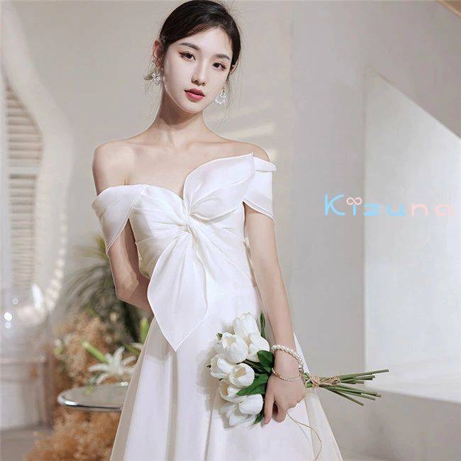 ホワイト　オフショルダー　 ウェディングドレス　Aライン　半袖 ロングドレス ウェディングドレス レース 素地 　xs～3xl　Wedding Dress　お花嫁　結婚式　旅行撮影演出　レディースウェディングドレス 　編み上げ　リボン