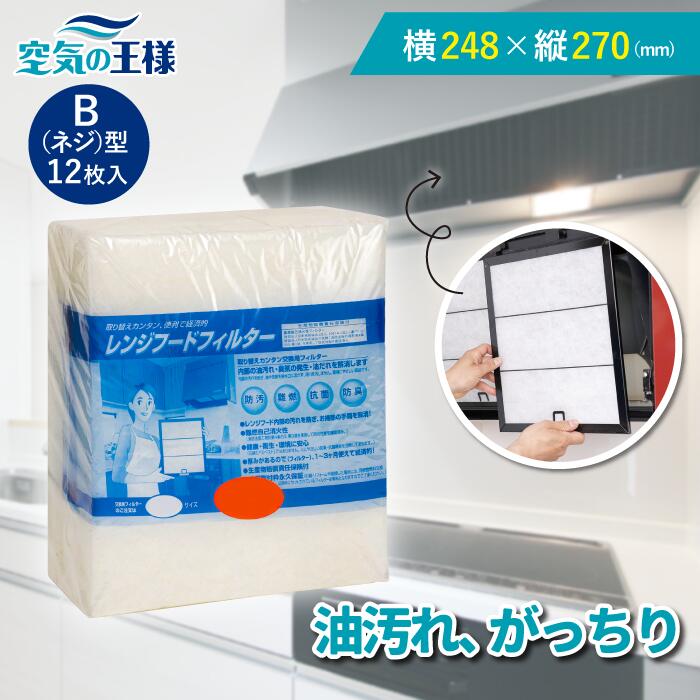 【10日迄★ポイント5倍】 ＼レビューでおまけ有／ 横248×縦270 レンジフードフィルター Bネジ 12枚入 換気扇 フィルター 取り付け簡単 レンジフィルター カバー 交換 特厚 厚手 キッチン 油汚れ カット不要 手入れ不要 難燃性ポリエステル 防臭 抗菌 安全
