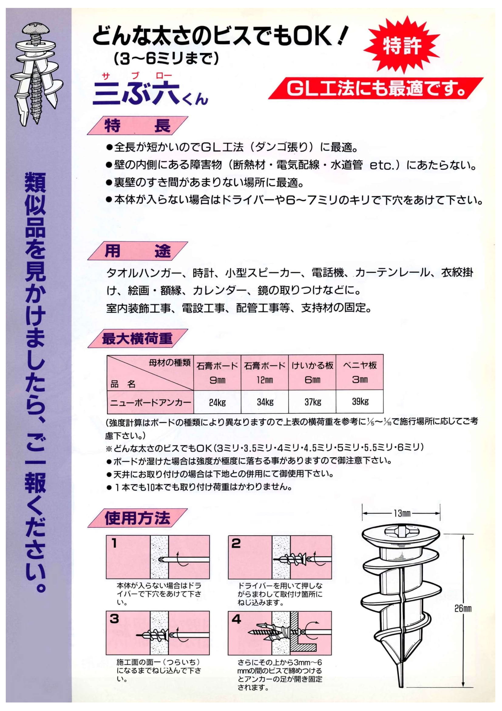 ボードアンカー三ぶ六くんバラ箱500本入空転 貫通 ねじが効かない