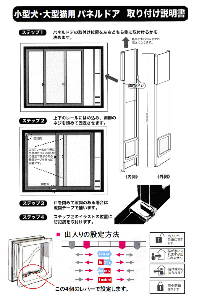 工事不要サッシ取付大型猫 小型犬用ペットドア スチールパネルペットドアl ホワイト サッシ高150 230cm対応 Sermus Es