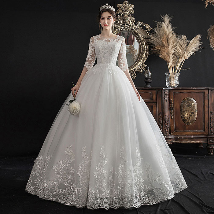 ウェディングドレス Aライン 花レース 袖あり 結婚式 花嫁ドレス フォーマルドレス ウエディング 床付き フォト婚 白 ドレス クラシカル シースルー 前撮り 後撮り 森ガール系 リゾート|KK Factory
