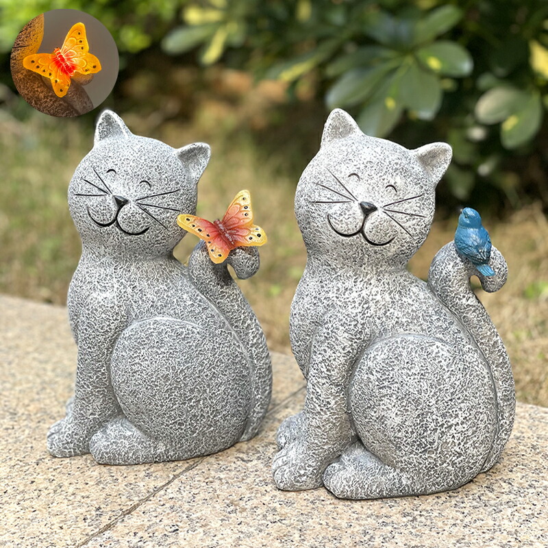 楽天市場】猫 置物 リアル 小さい ソーラーランプを右手で持ち上げる