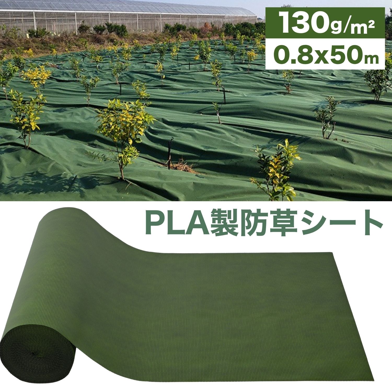 環境に優しいPLA製 防草シート 緑/黒 0.8m×50m 厚手不織布 130g/m2 10年耐久 高透水・通気性 丸穴設計で目詰まり防止 UV剤入りで紫外線劣化耐 雑草防止シート 家庭菜園 農地 庭 花壇 果樹園 人工芝下 雑草対策 草よけシート