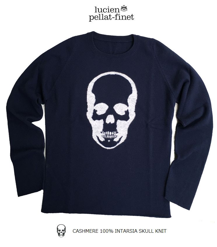 ルシアンペラフィネ インターシャ スカル柄 カシミヤ100%ニット ネイビー/グレーlucien pellat-finet Cashmere.Knit SKULL|Knock,Knock,Puchic!