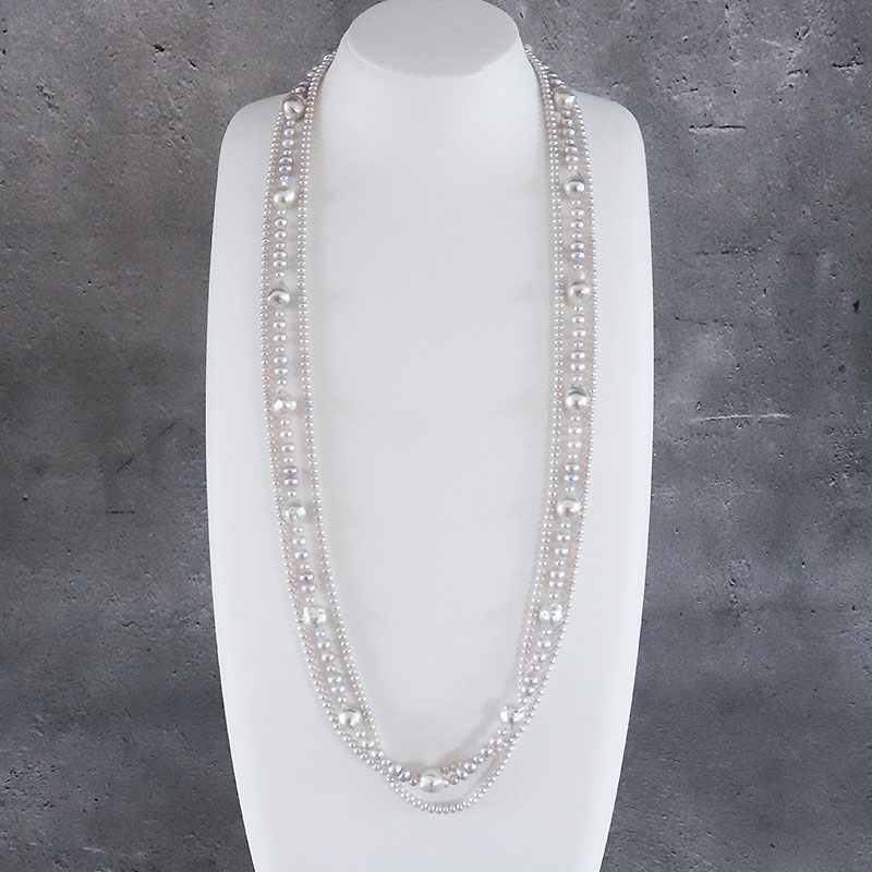 あこや真珠 淡水真珠 3連 セミロングネックレス グレー 70cm パールネックレス アコヤパール Akoya
