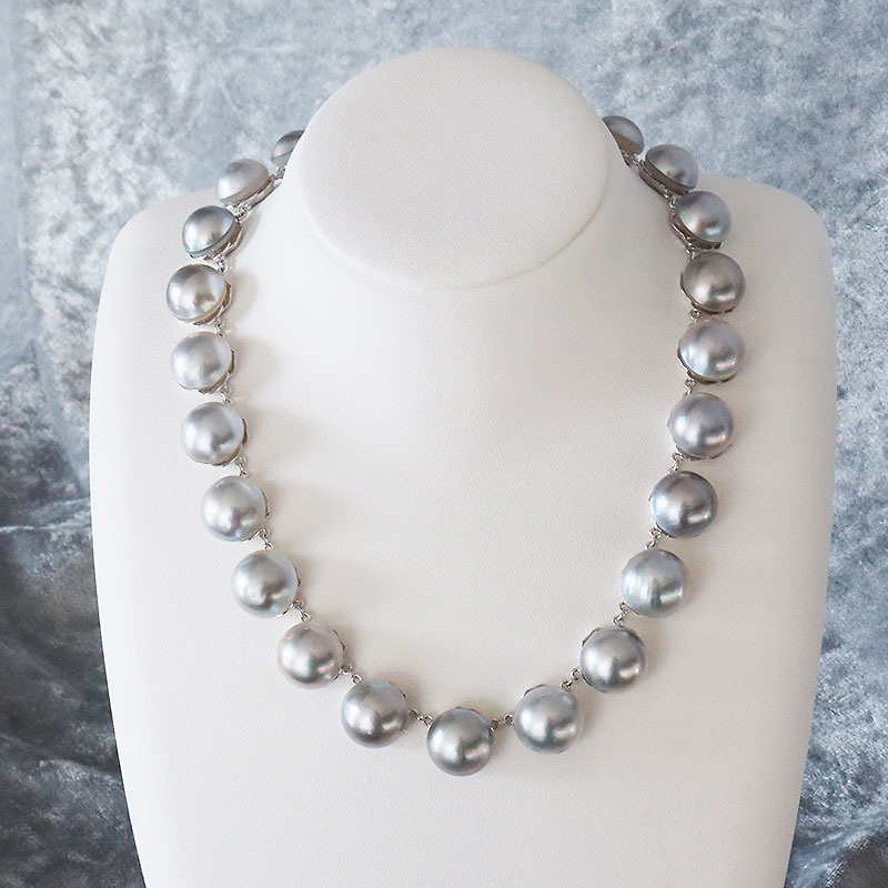 マベ真珠 ネックレス グレー 11.0-13.5mm シルバー 39cm パールネックレス