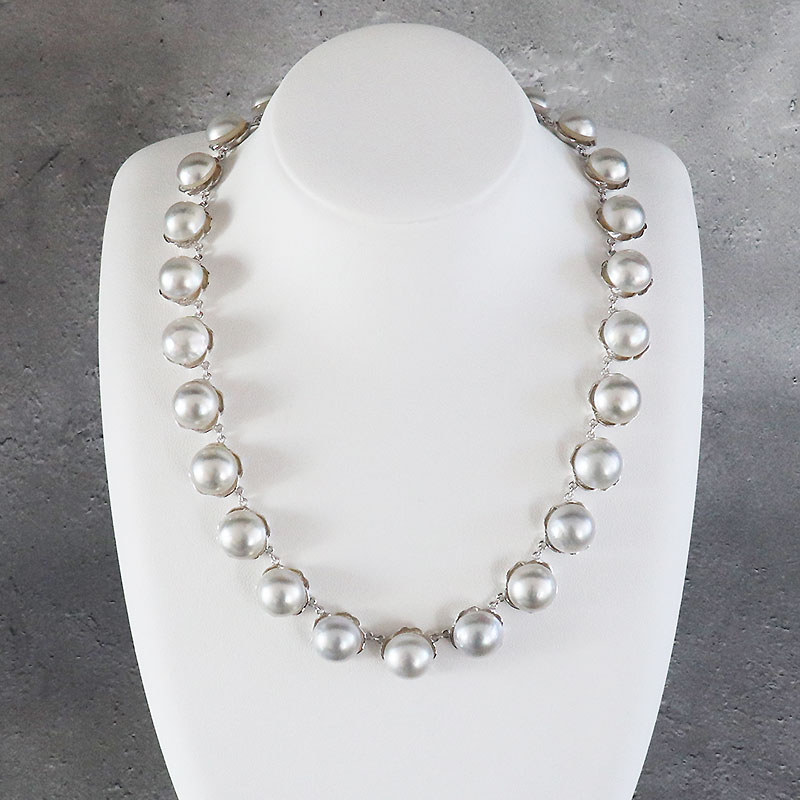 マベ真珠 ネックレス グレー 10.0-12.0mm シルバー 42cm パールネックレス