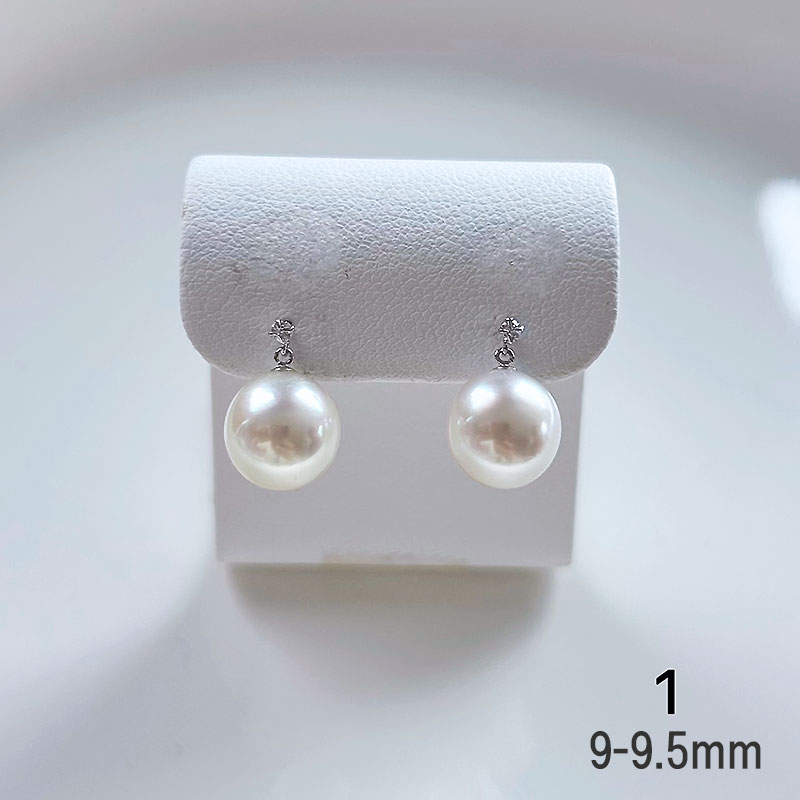 あこや真珠 ダイヤ ピアス 9.0-9.5mm＆9.5-10mm　K14ＷG パールイヤリング Akoya｜伊勢の真珠趣味