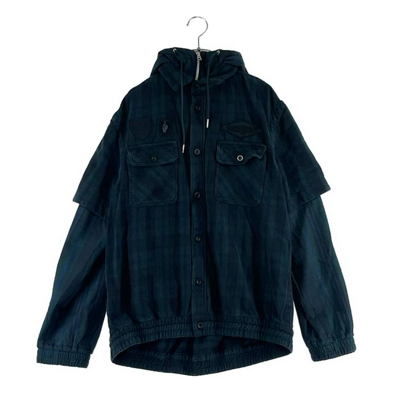 sacai / サカイ | 2024AW | Gonz Multi Patch Plaid Hoodie 花の冠yd うつり変わり フーテッド 綿ネルプルオーバー | 1 | 緑であること/米国海軍 | メンズ