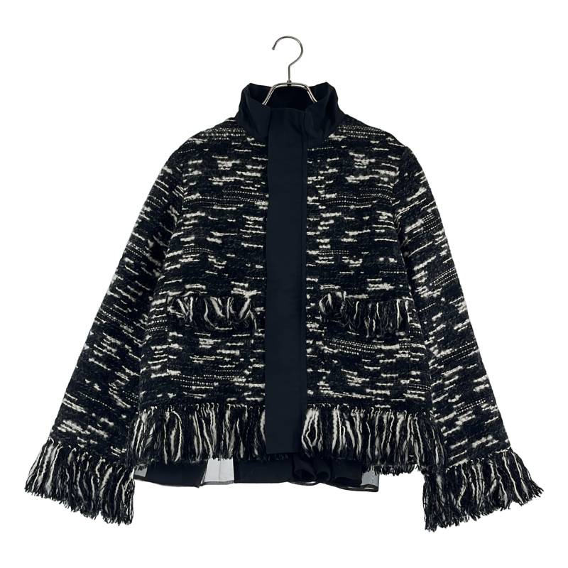 sacai / サカイ | Tweed × Grosgrain Blouson 異原料品 フリンジ ツィード上衣 | 2 | 黒いこと/白いこと | レディース