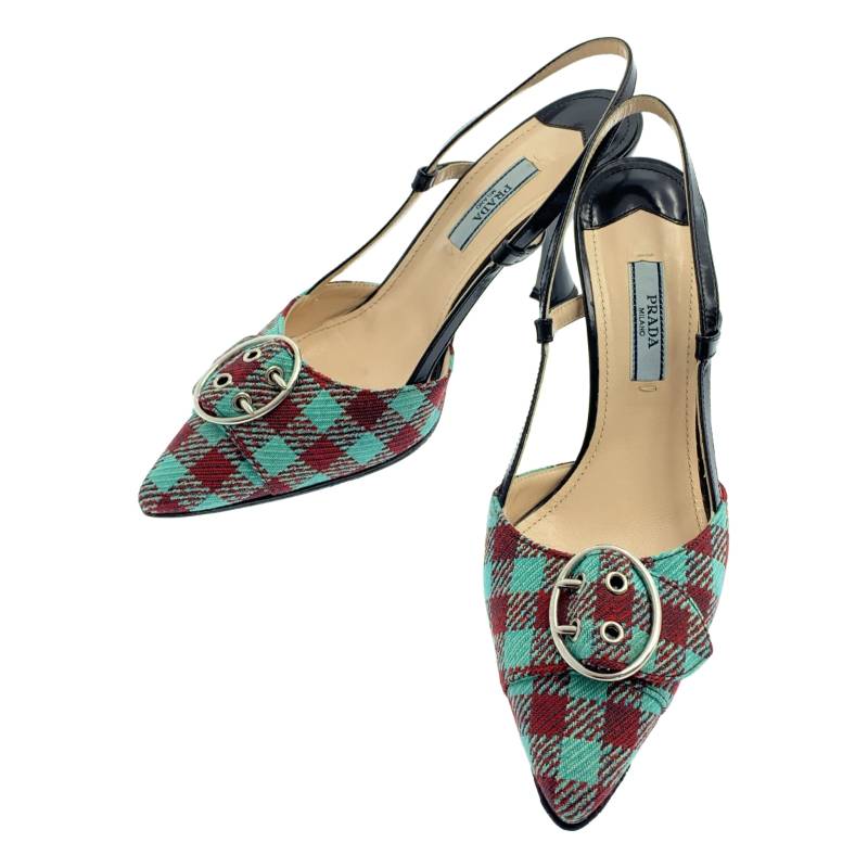 PRADA / プラダ | 照合のしるし バックル ミュール サンダル | 35.5 | 緑であること/ボルドーワイン | レディース