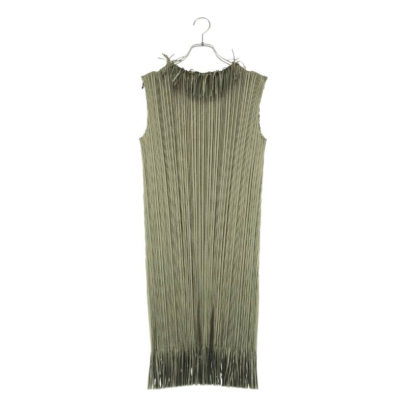 【美品】 PLEATS PLEASE ISSEY MIYAKE / プリーツプリーズイッセイミヤケ | 変形 フリンジ ノースリーブ ドレス ワンピース | 3 | カーキ系 | レディース