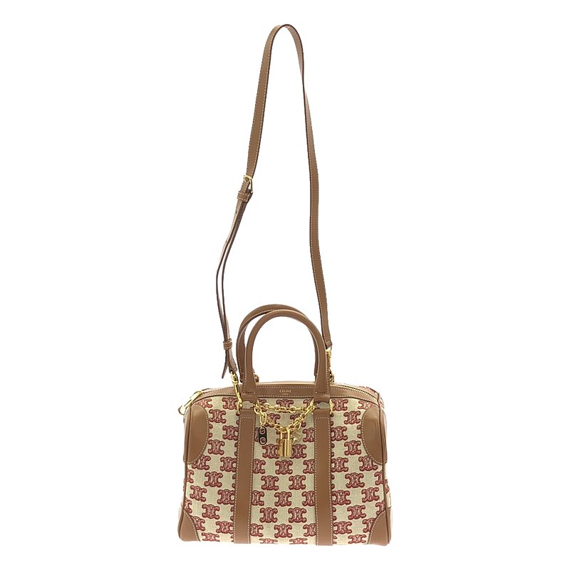 【美品】  CELINE / セリーヌ | トリオンフ カーフレザー 帆布 スモール 2Way 肩肉 ボストンバッグ | 赤銅色 / 赤いこと | レディース