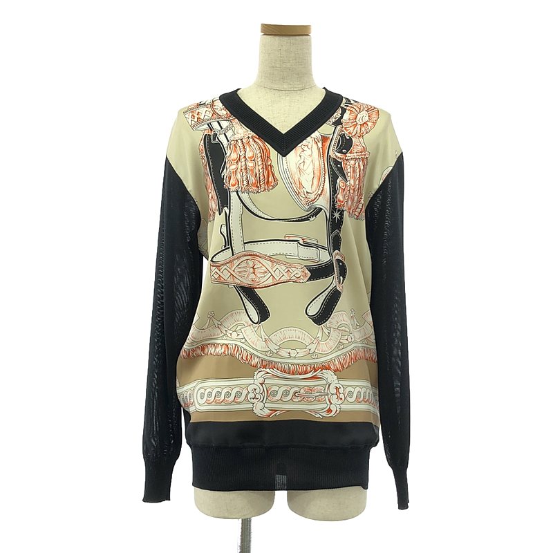 【美品】 HERMES / エルメス | silk 100％ / シルク ツイルレーヌ スカーフ ニット プルオーバー | 34 | ベージュ/ブラック | レディース｜KLD 店