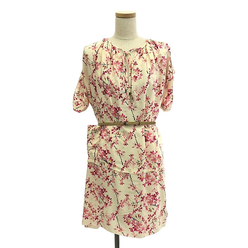 【美品】 BALENCIAGA / バレンシアガ | silk 100% / シルク 総柄 ギャザー ベルテッド ドレス ワンピース | 36 | ベージュ/ピンク | レディース|KLD 店