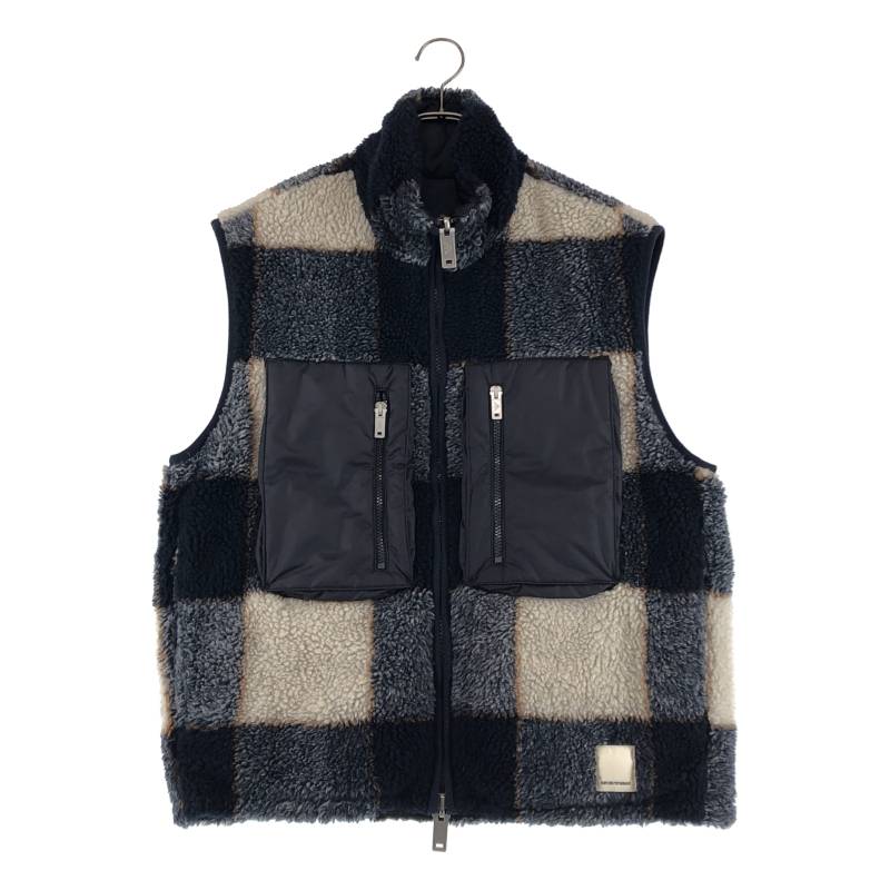 【美品】 EMPORIO ARMANI / エンポリオアルマーニ | リバーシブル 異素材 切替 ボア ロゴジップ ベスト | 48 | ネイビー/オフホワイト系 | メンズ