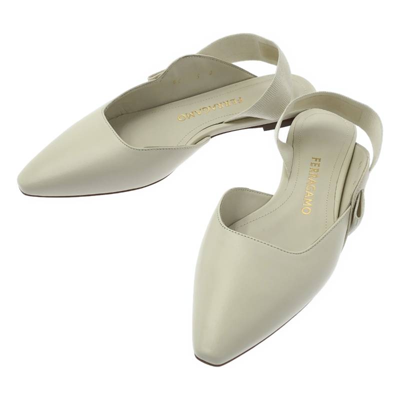 【美品】  FERRAGAMO / フェラガモ | VANIA FLATS / なめし革 ロゴタイプ ポインテッドトゥ パンプス ミュール | 5 | 象牙色 | レディース