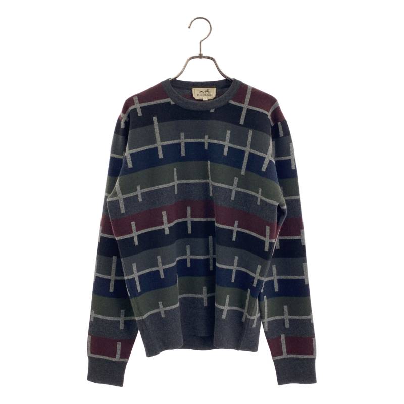 【美品】 HERMES / エルメス | カシミヤ100% ラインパターン クルーネック ニット | S | グレー/ネイビー/ボルドー | メンズ