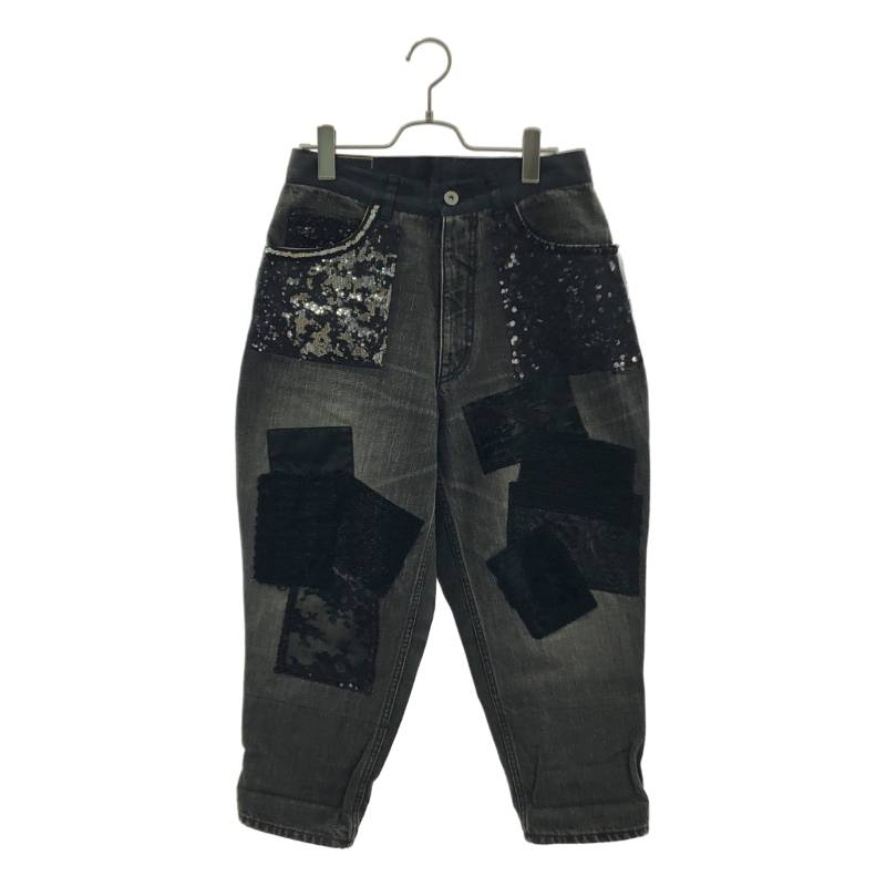 JUNYA WATANABE COMME des GARCONS / ジュンヤワタナベ | 2014AW | denim / スパンコール なめし革 クロコ型押し パッチワーク ジーンズズボン下 | XS | 黒いこと | レディース