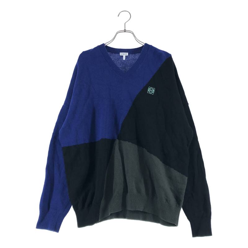 LOEWE / ロエベ | ウール パネル切替 オーバーサイズ クルーネックニット | XS | ブルー / ブラック / カーキ | メンズ