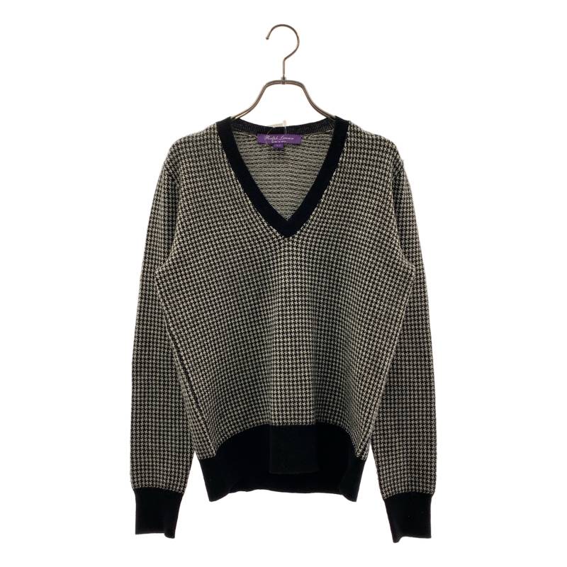 RALPH LAUREN PURPLE LABEL / ラルフローレンパープルレーベル | ウール 千鳥格子 Vネック ニット | S | ブラック/ホワイト | レディース