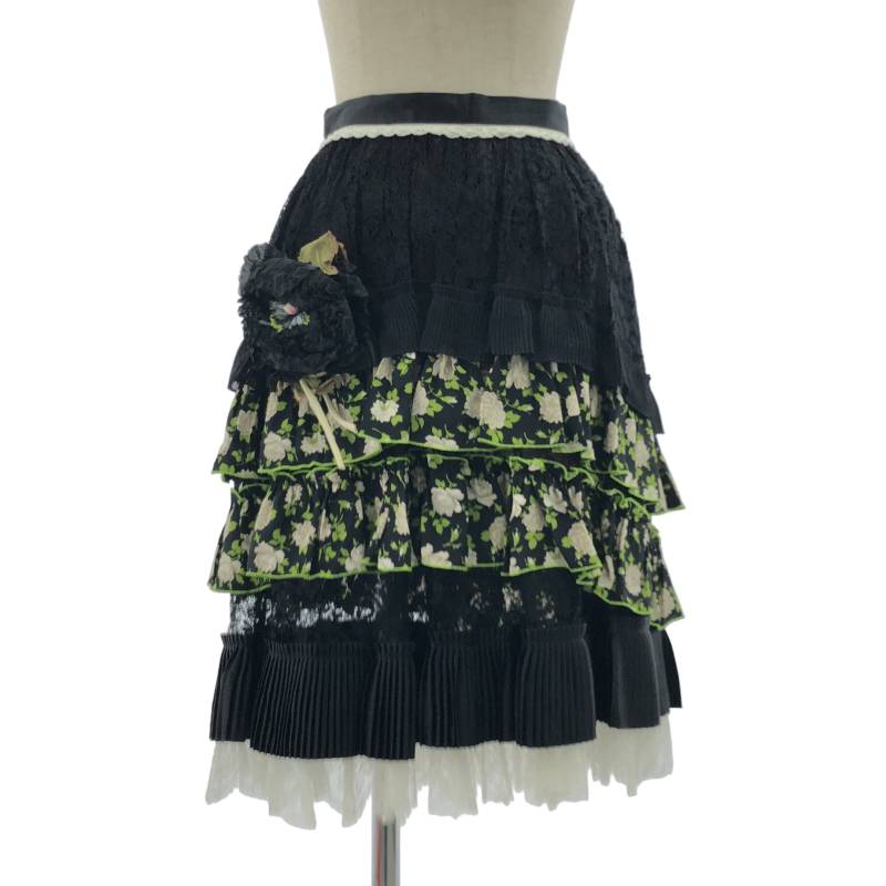 DOLCE＆GABBANA / ドルチェ＆ガッバーナドルガバ | シルク レース切替 フラワープリント スカート | 36 | ブラック/ホワイト | レディース