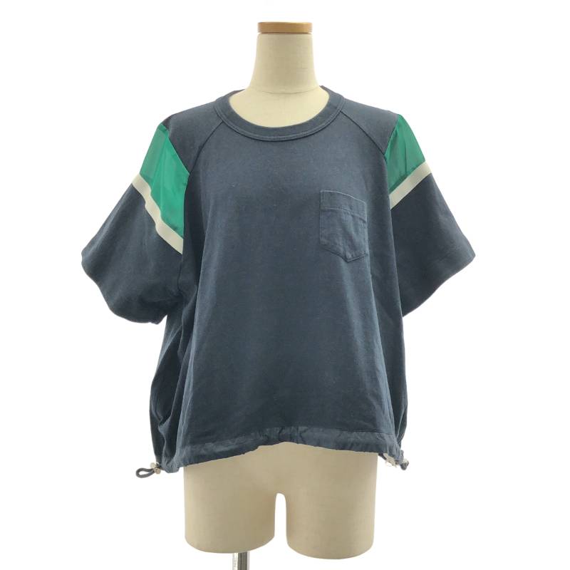 sacai / サカイ | 2022SS | 異素材 切替 オーバーシルエット ドローストリング ポケット Tシャツ カットソー | 1 | ダークネイビー/グリーン系 | レディース