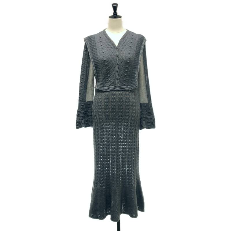 【美品】  Mame Kurogouchi / マメクロゴウチ | 2024AW | Openwork Pattern Knitted Dress / ヘンリーネック ニット ドレス ワンピース | 2 | グレー | レディース