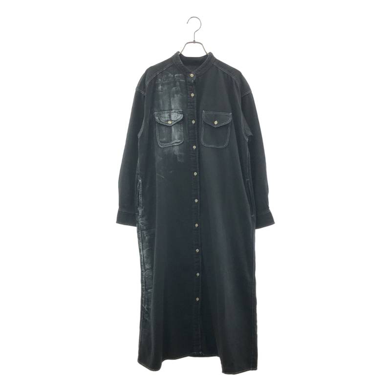 M.U.L. / エムユーエル | コットン レザー切替 バンドカラー シャツワンピース | ブラック/シルバー | レディース｜KLD 店