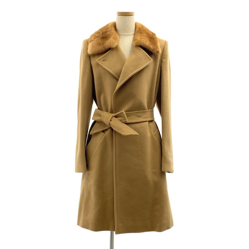 【美品】 Max Mara / マックスマーラ | ウール ベルテッド コート / ミンクファー カラー 着脱可 / ロゴ総裏地 | 42 | ベージュ系 | レディース|KLD 店