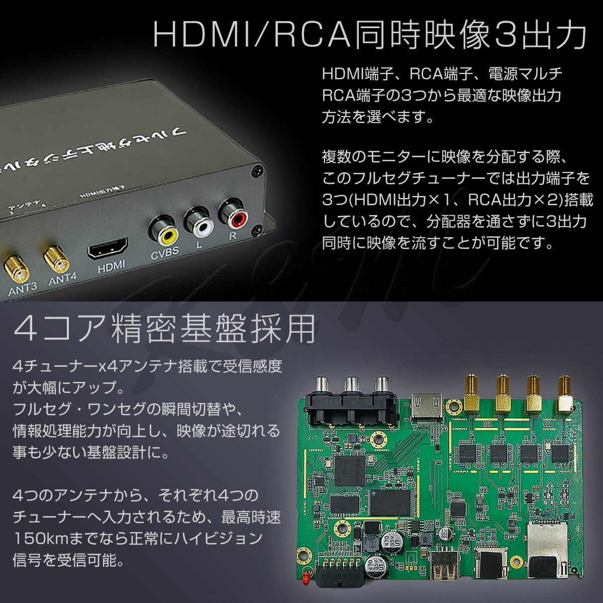 Honda N ワンセグ シリーズ 地デジチューナー カーナビ ワンセグ フルセグ Hdmi 車用品 N 4x4 高性能 4チューナー 4アンテナ 高画質 自動切換 150km Hまで受信 古い車載tvやカーナビにも使える 12v 24v フィルムアンテナ Minib Casカード付き 1年保証 ｋｍサービス4x4