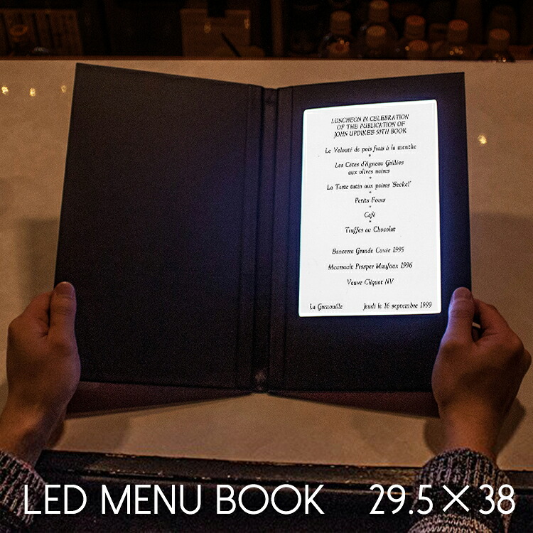 LED メニューブック 縦長 1ページ 合皮 充電式 本型 29.5×38cm おしゃれ 光る メニュー表 レザー リスト 高級 結婚式 ホテル レストラン バー イベント 演出 業務用 ライトアップ ウエディング パーティー 見開き カバー|バラエティ本舗