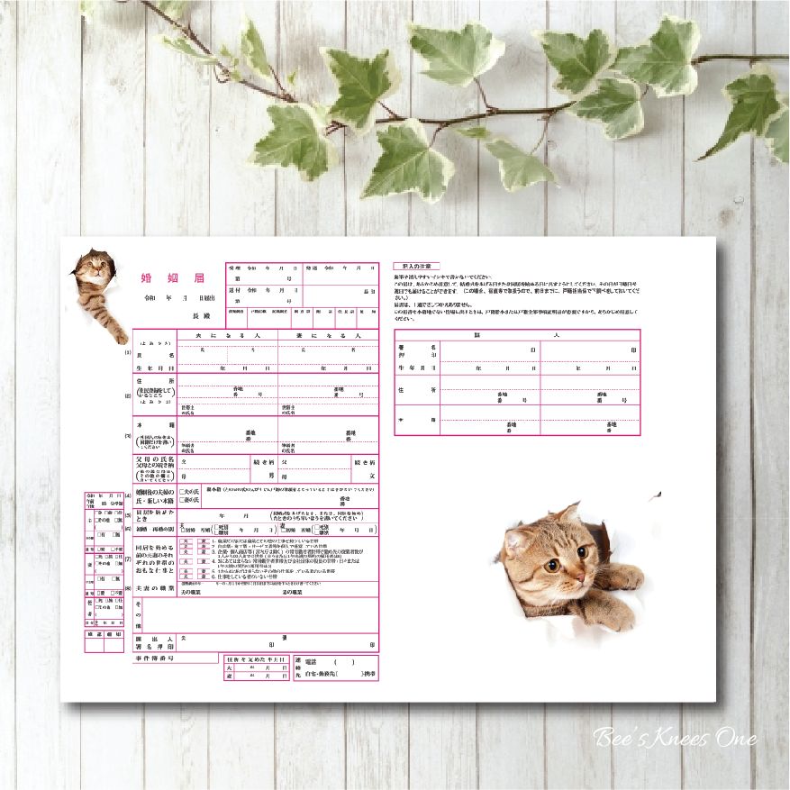 楽天市場 デザイン婚姻届 オリジナル婚姻届 役所に提出できる婚姻届け ネコ Bees Knees One