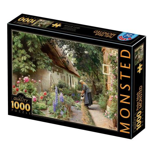 1000ピース ジグソーパズル D-Toys・77417-MO04 Peder M・・rk M・・nsted : An Old Woman Watering the Flowers Behind a Thatched Farmhouse 47×68cm