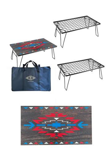 OUTDOORSHIN フィールドラック オルテガ柄 天然木製天板 マルチラック 収納ラック キャンプ アウトドアテーブル 折りたたみ テーブル 黒メッキスチール製 収納ケース付き|アニメ雑貨アン&山梨のフルーツ