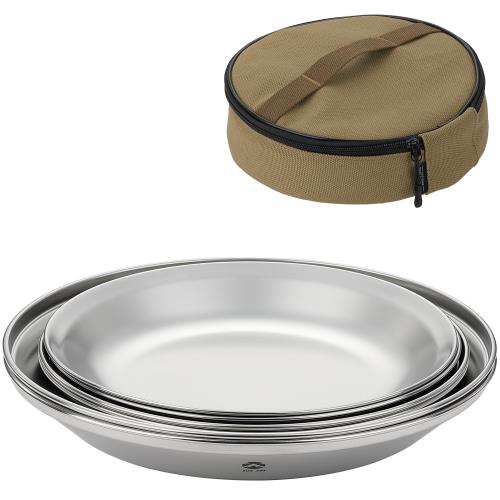 キャンピングムーン(CAMPING MOON) アウトドア テーブルウェア キャンプ ステンレス プレート お皿 食器 セット 8点入り 帆布ケース付き S397-2S
