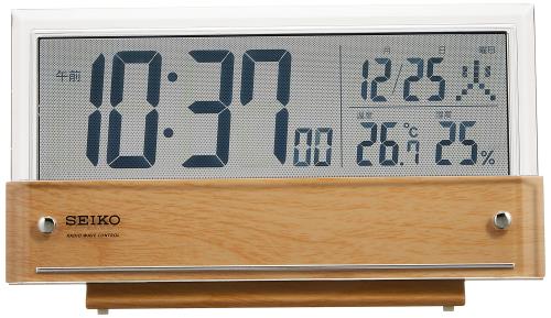セイコークロック(Seiko Clock) 置き時計 目覚まし時計時辰儀 電磁波 デジタル 暦 体温湿度見せびらかす カクテルドレスルー液晶 うす茶色肌理飾りつけ 本体大きさ:10.7×19×4.1糎 SQ782B