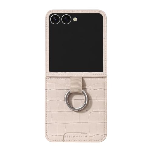 DESIGN SKIN Galaxy Z Flip7 容れもの クロコ柄本革 歌留多隠し付き添い人  牛皮 歌留多納める 蝶つがい保護すること 金属元素輪っか 手持ち部分役立つこと  象牙色 DSK28050GZFP7【国内定め事品】