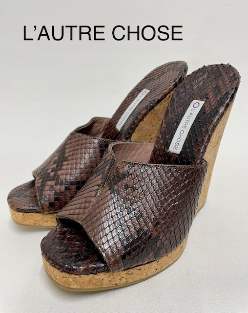 【L'autre chose】 ロートル ショーズ　ミュールブラウン　パイソン　ウエッジソール　サンダルSサイズ　３５　ランクS（中古）｜ブランドリサイクルknicknac