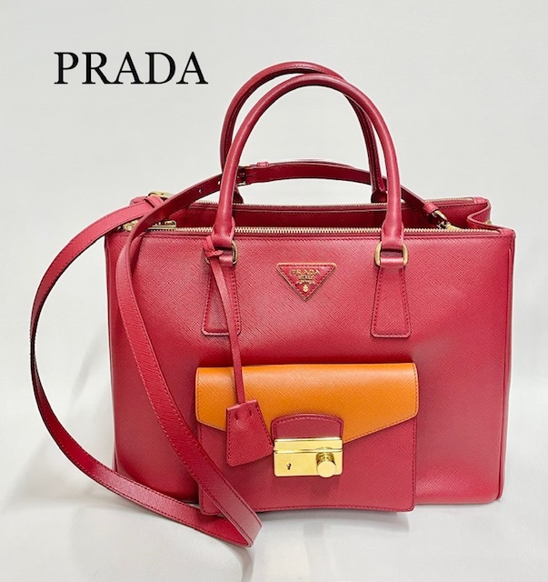 【美品】PRADA プラダ　サフィアーノ2wayハンドバッグ　付属品あり　レッド 中古】 プラダ PRADA ハンドバッグ レザー サフィアーノ 2WAY