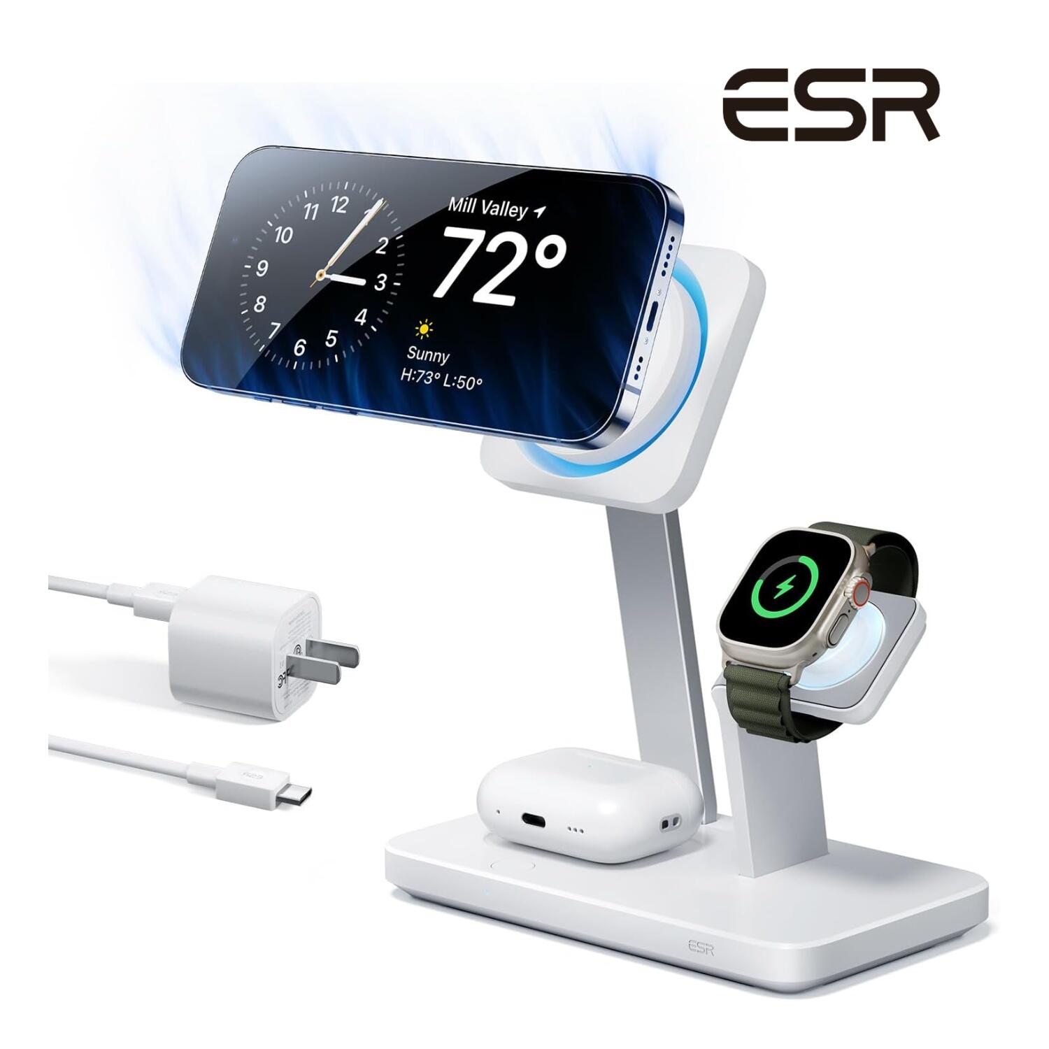ESR 3-インチ-1 最大限度25W 無線電話申し受ける器 Magsafe相応うCryoBoost落ち居る気違い付き添い人 弾丸道路申し受ける オーバーヒート切り上げる防ぎ iPhone 16/15/14/13/12 つづき物, AirPods 4/3/Pro/2の無線電話申し受ける相応う アダプタ付き添い人 ESR HaloLock 3-インチ-1 Wireless Charger with CryoBoost【国内決まり品】 バッテリー・充電器-ワイヤレス充電器-スマートフォン・タブレット